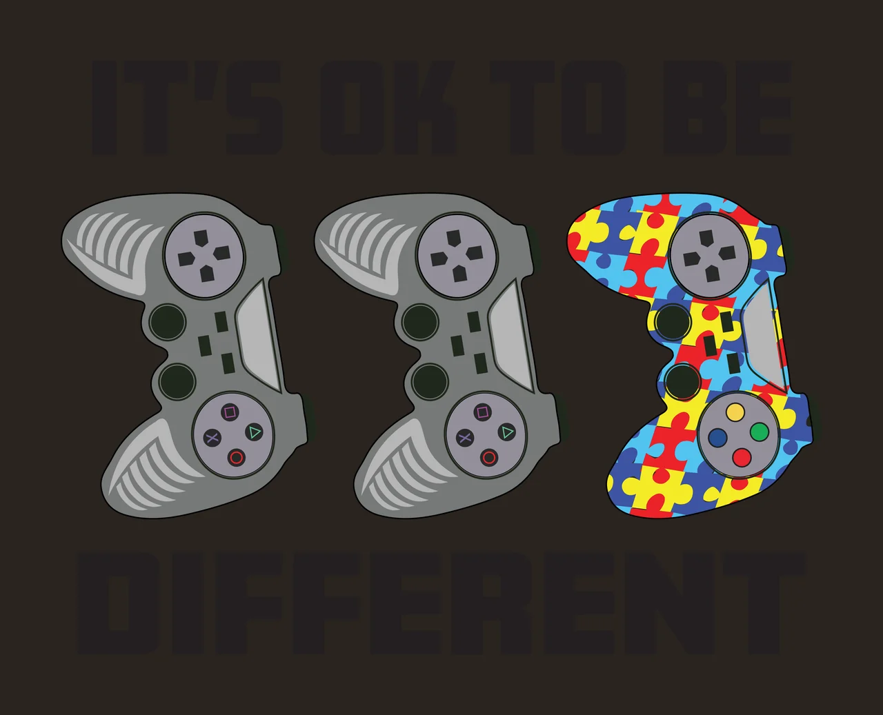 IT'S OK TO BE DIFFERENT Typography Design with two gray game controllers, one colorful puzzle-piece game controller and black bold text in blue contrast preview thumbnail