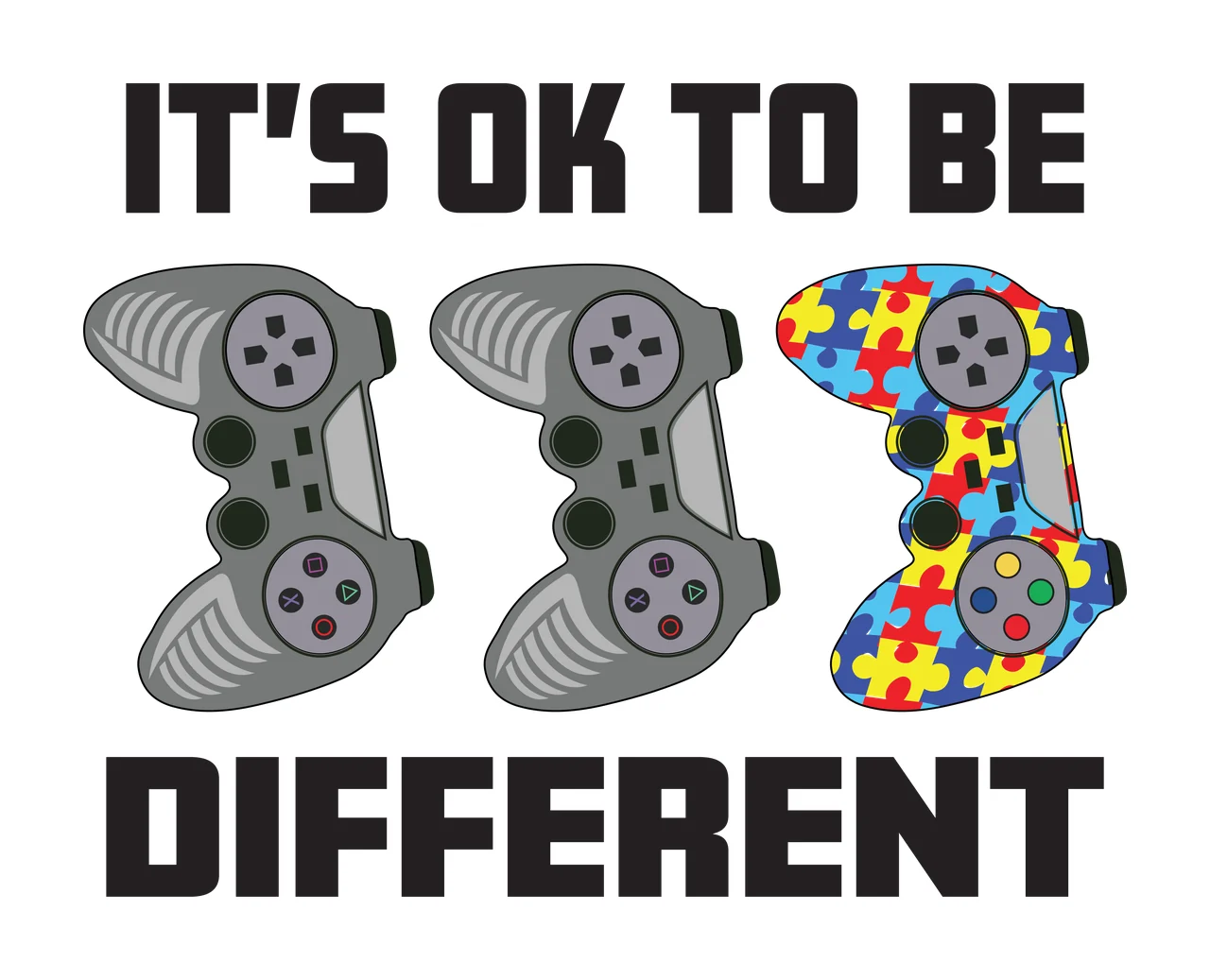 IT'S OK TO BE DIFFERENT Typography Design with two gray game controllers, one colorful puzzle-piece game controller and black bold text in blue