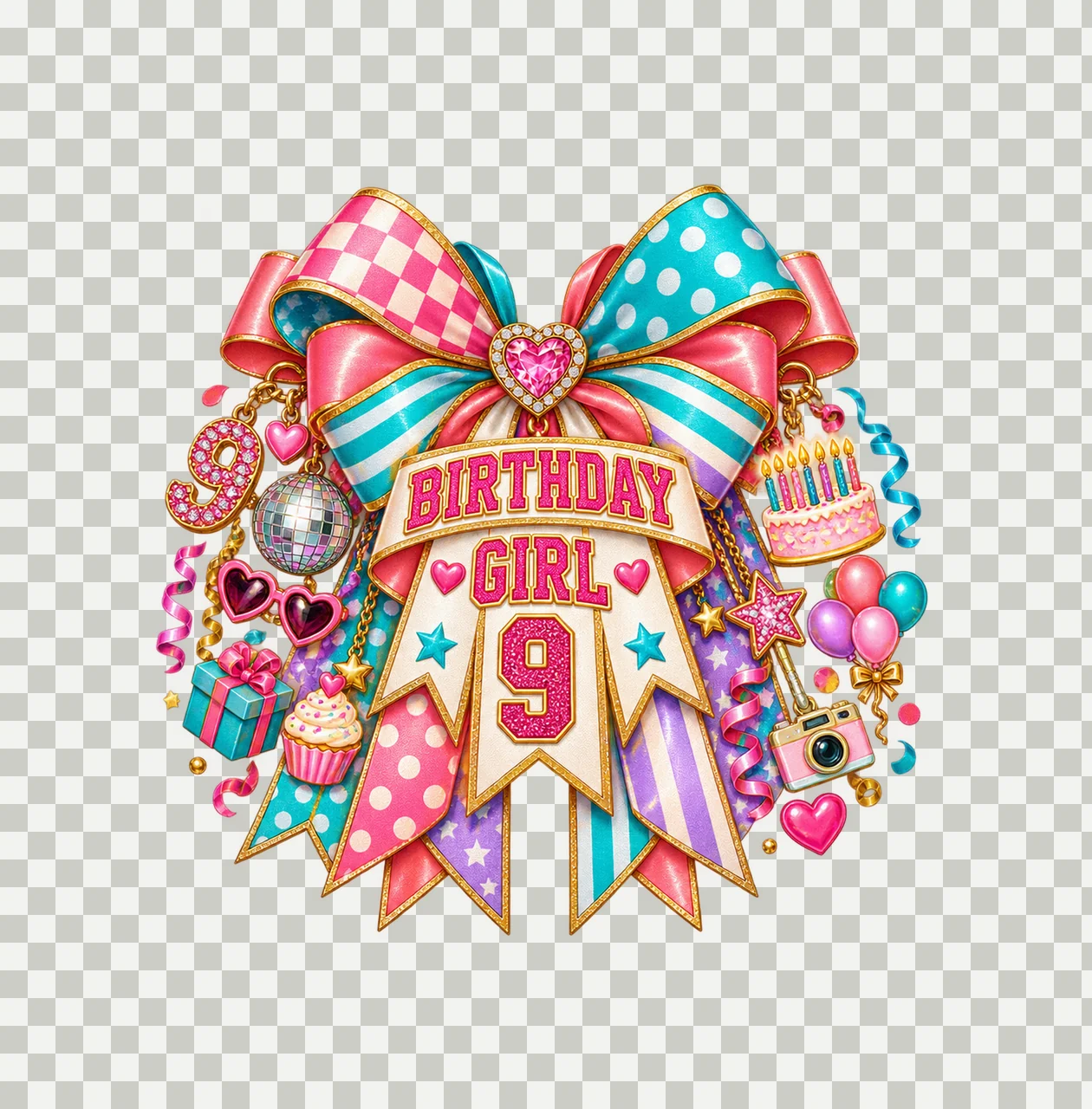 Birthday Girl 9 Bow Charm PNG, Patterned Coquette Bow Clipart, Transparent Sublimation Digital Download transparency and detail preview thumbnail