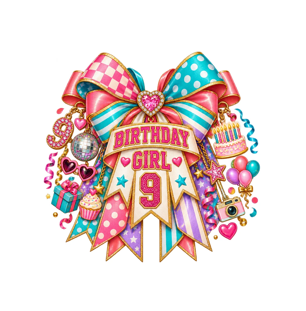 Birthday Girl 9 Bow Charm PNG, Patterned Coquette Bow Clipart, Transparent Sublimation Digital Download