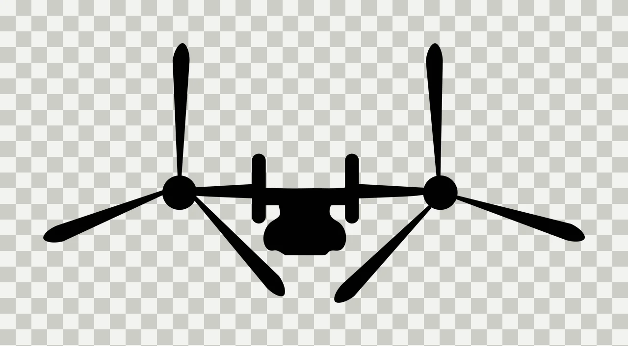 Silhouette Design of tiltrotor aircraft with propellers, nacelles, fuselage and twin tails in black and white transparency and detail preview thumbnail