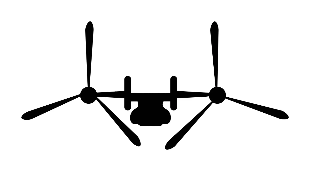 Silhouette Design of tiltrotor aircraft with propellers, nacelles, fuselage and twin tails in black and white