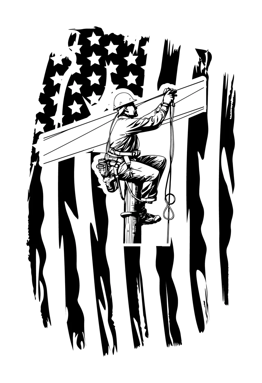 Line Utility Worker Silhouette Against American Flag working on pole