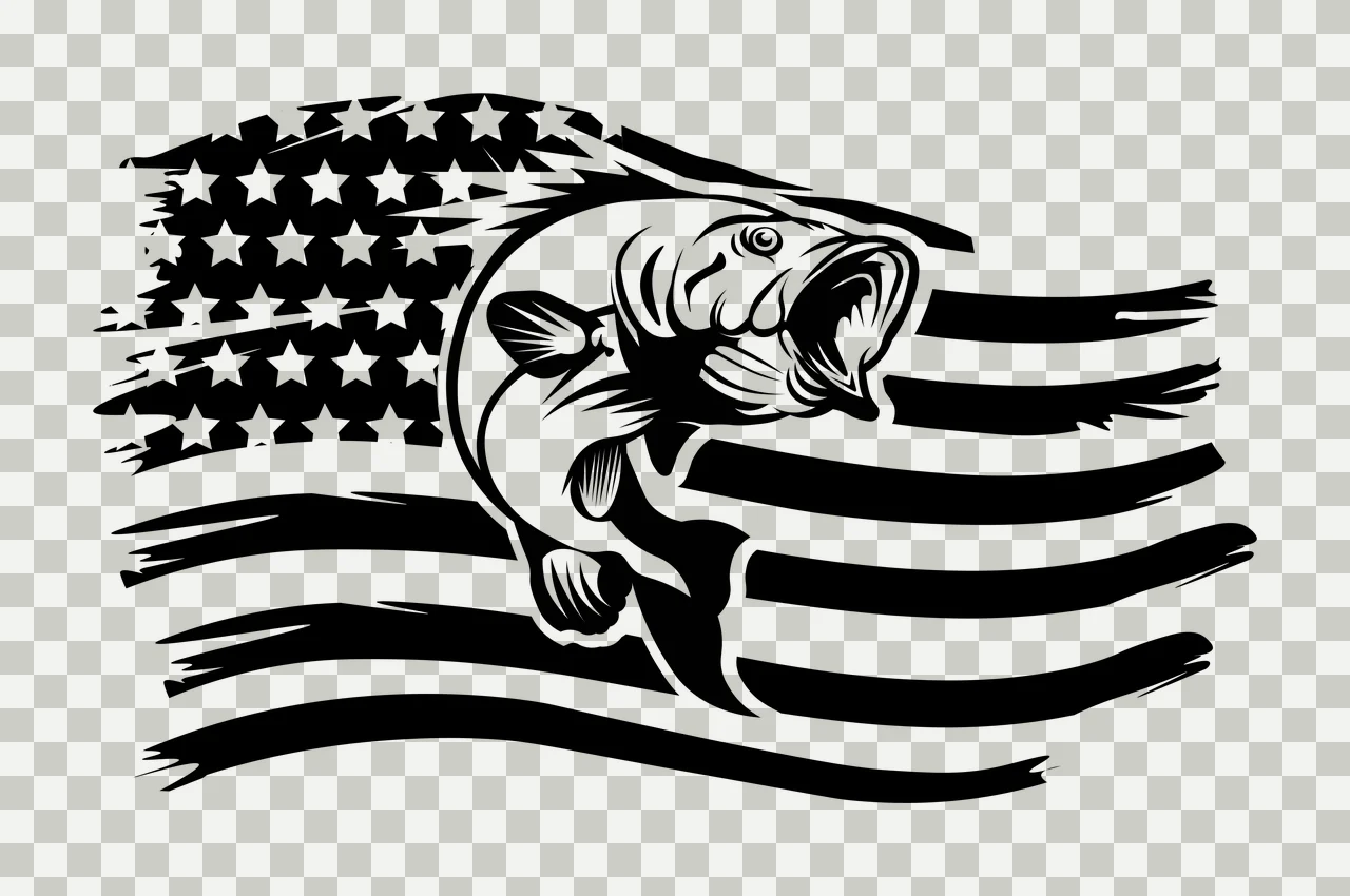 Fish Jumping Over American Flag stars stripes distressed black transparency and detail preview thumbnail