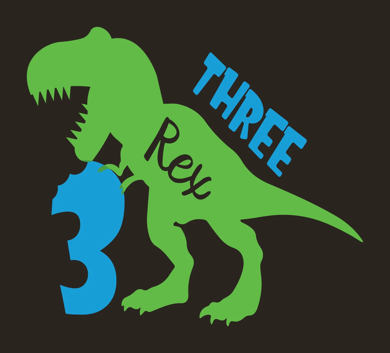 THREE Rex 3 dinosaur silhouette and Number Design with blue number 3, bite mark, script text and simple clean graphic in green and white contrast preview thumbnail