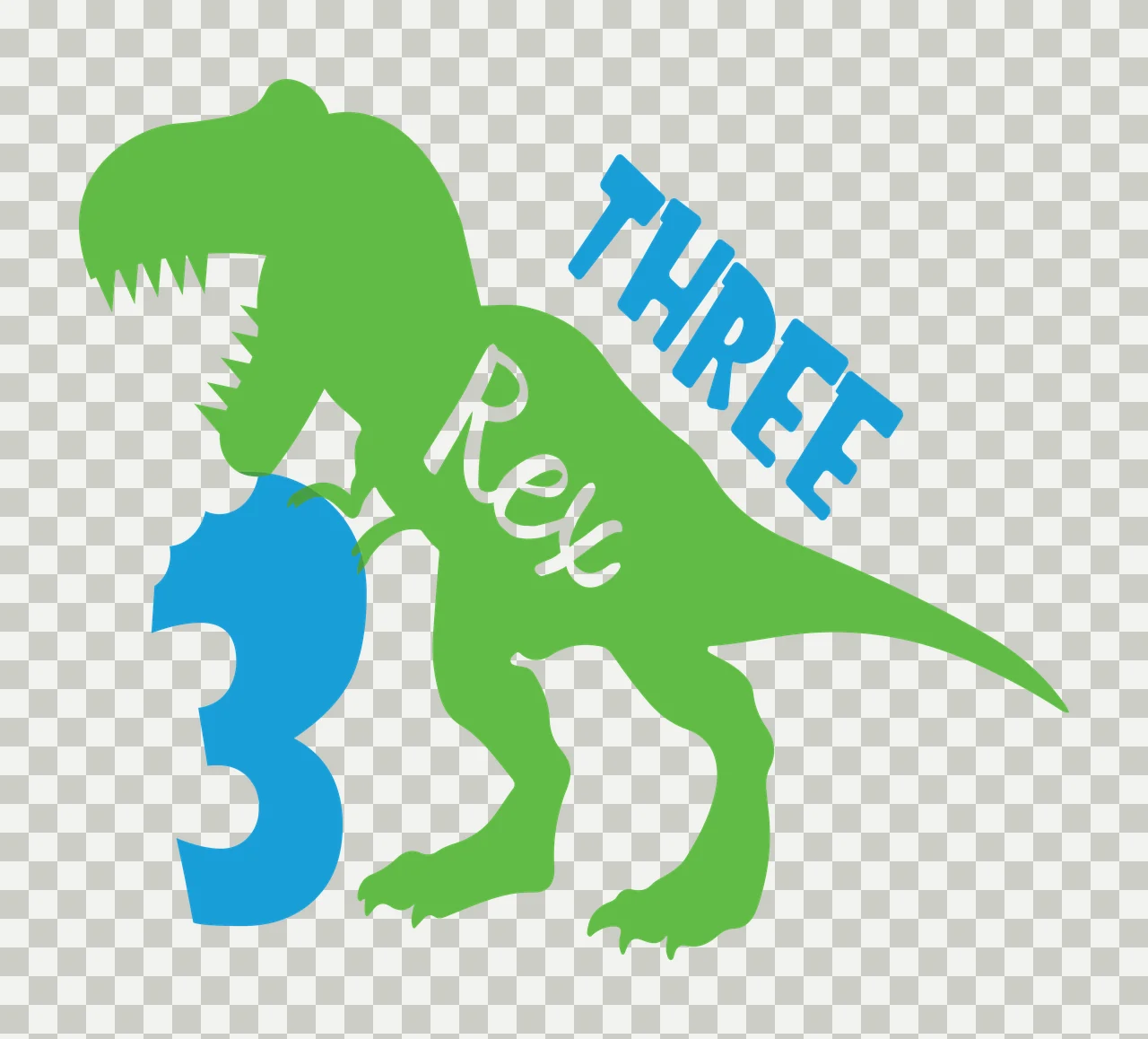 THREE Rex 3 dinosaur silhouette and Number Design with blue number 3, bite mark, script text and simple clean graphic in green and white transparency and detail preview thumbnail