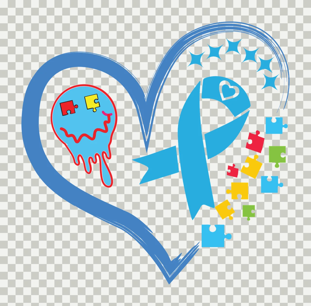 Autism awareness logo design with blue heart outline, blue autism awareness ribbon, colorful puzzle pieces and brain with red and yellow puzzle pieces inside transparency and detail preview thumbnail