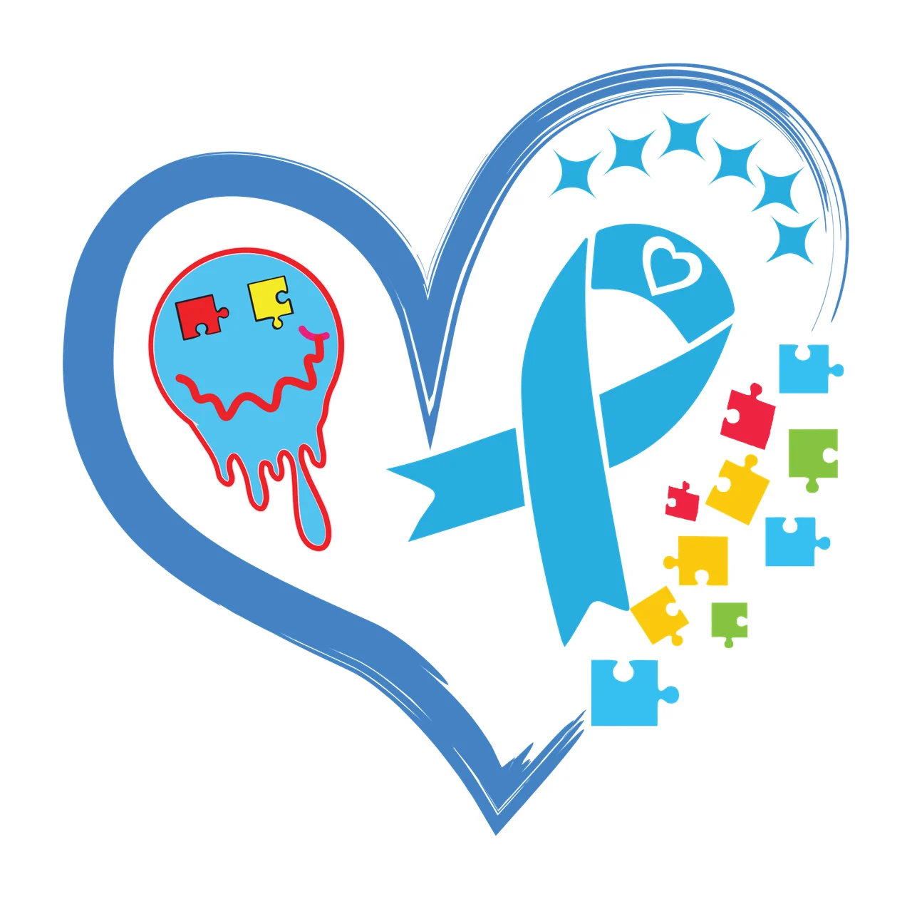 Autism awareness logo design with blue heart outline, blue autism awareness ribbon, colorful puzzle pieces and brain with red and yellow puzzle pieces inside