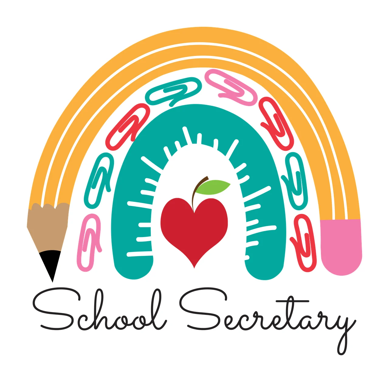 School Secretary School Secretary rainbow illustration with pencil, eraser, ruler and paper clips in yellow, teal and pink