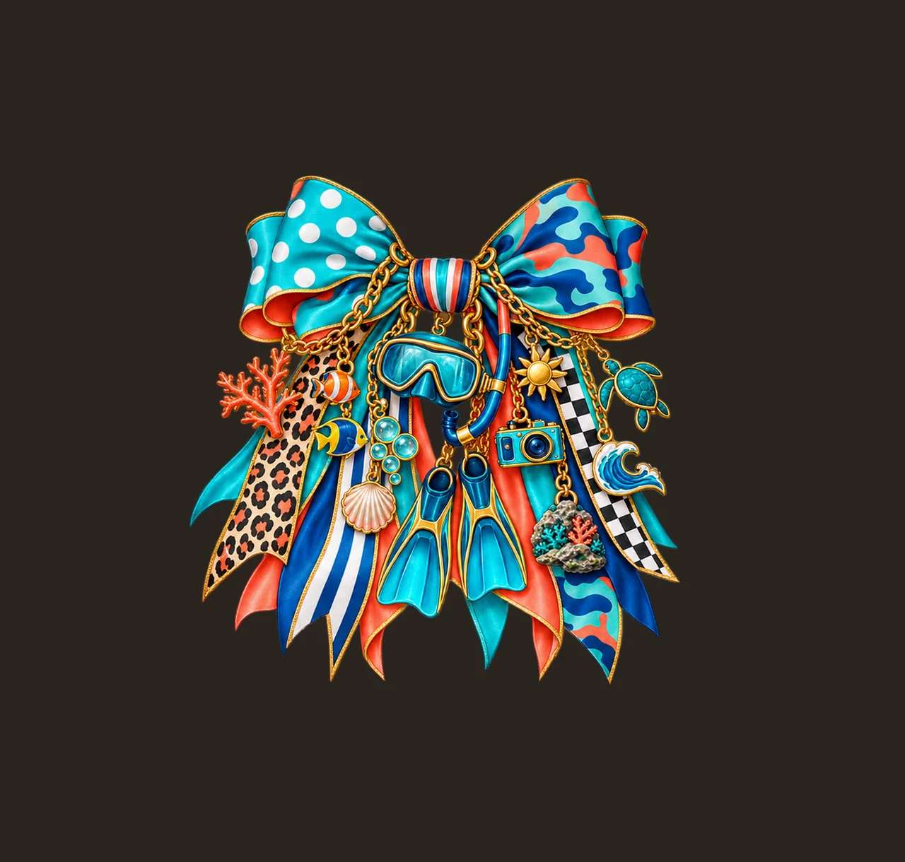 Snorkeling Lover Bow Charm PNG, Gold Chain Charms, Transparent Sublimation Design, Digital Download contrast preview thumbnail