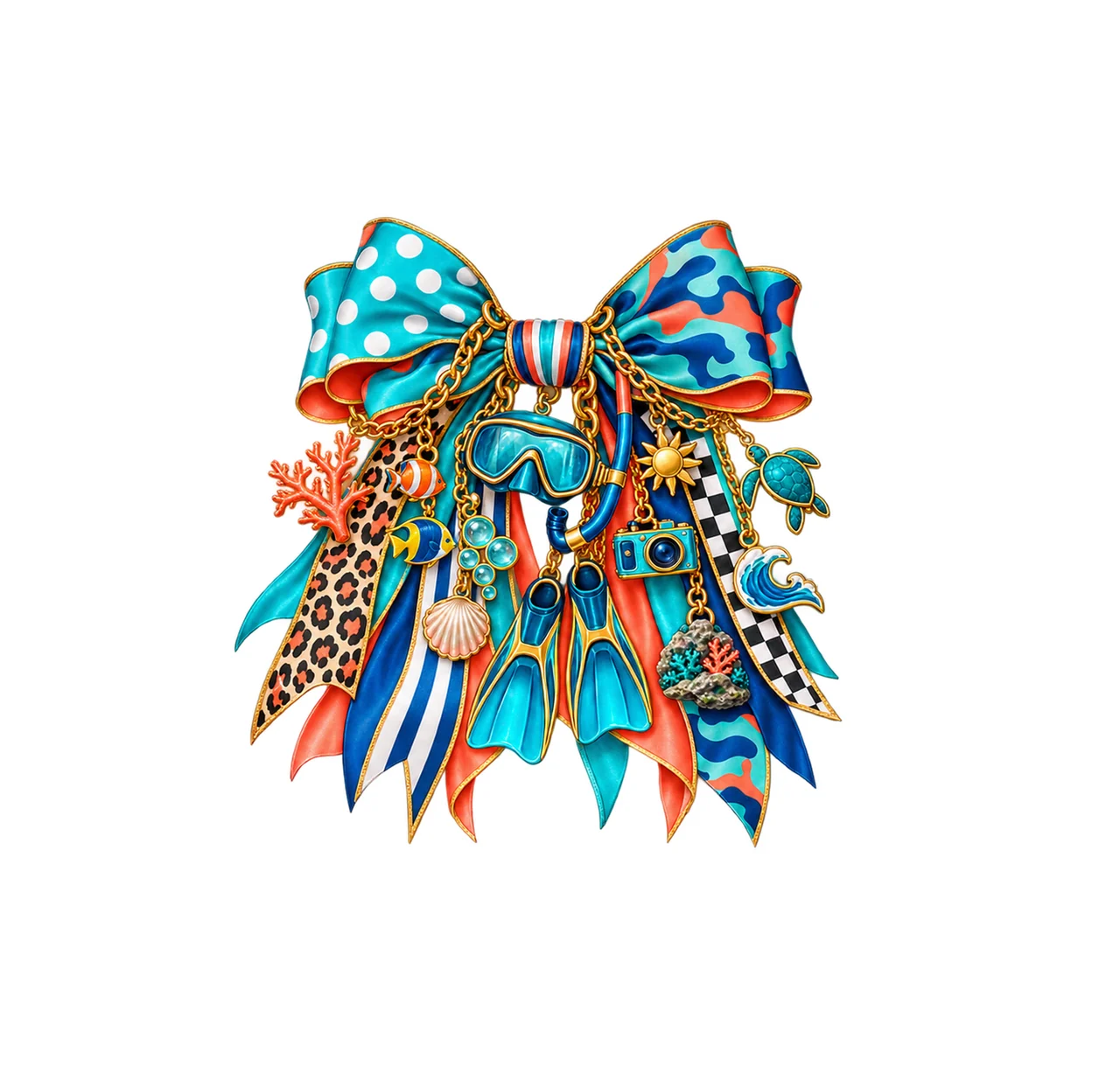 Snorkeling Lover Bow Charm PNG, Gold Chain Charms, Transparent Sublimation Design, Digital Download