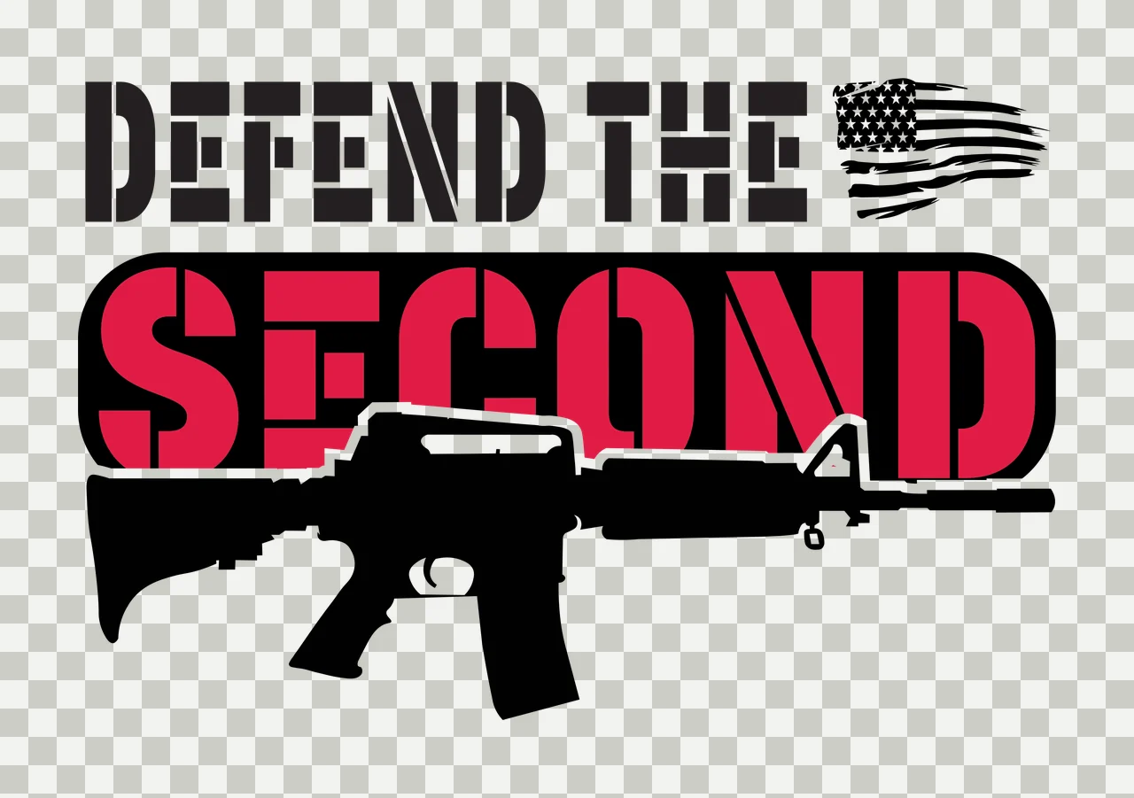 DEFEND THE SECOND Typography Design with black rifle silhouette, text 'DEFEND THE' in black, text 'SECOND' in red with black outline and stylized American flag with stars and stripes in white transparency and detail preview thumbnail