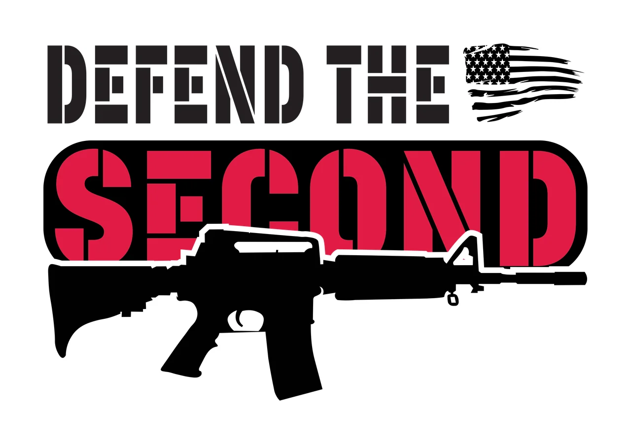 DEFEND THE SECOND Typography Design with black rifle silhouette, text 'DEFEND THE' in black, text 'SECOND' in red with black outline and stylized American flag with stars and stripes in white