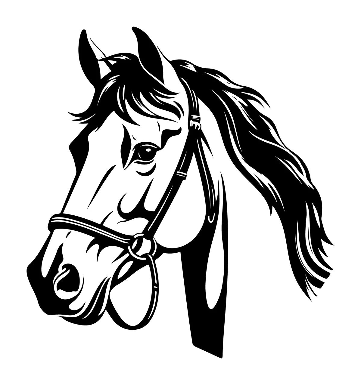 Horse Head In Profile Wearing Bridle mane black white animal