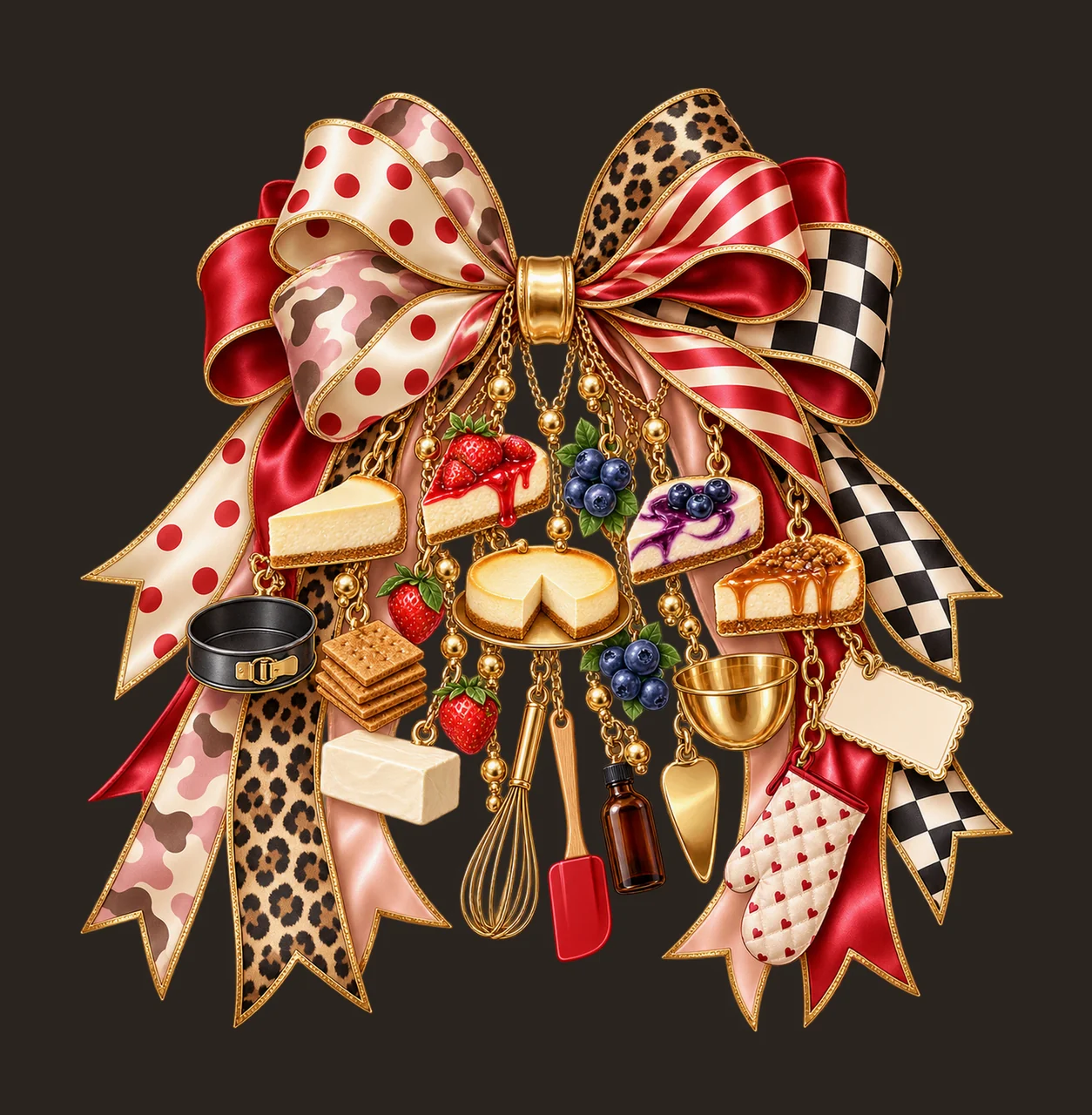 Cheesecake Lover Bow Charm PNG, Themed Gold Chain Charms, Coquette Ribbon Sublimation Design, Transparent Digital Download contrast preview thumbnail