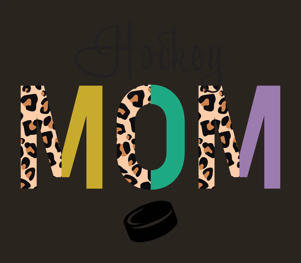 Hockey MOM Typography Design with Hockey text in cursive, MOM letters with leopard print and solid colors and black hockey puck in olive green contrast preview thumbnail