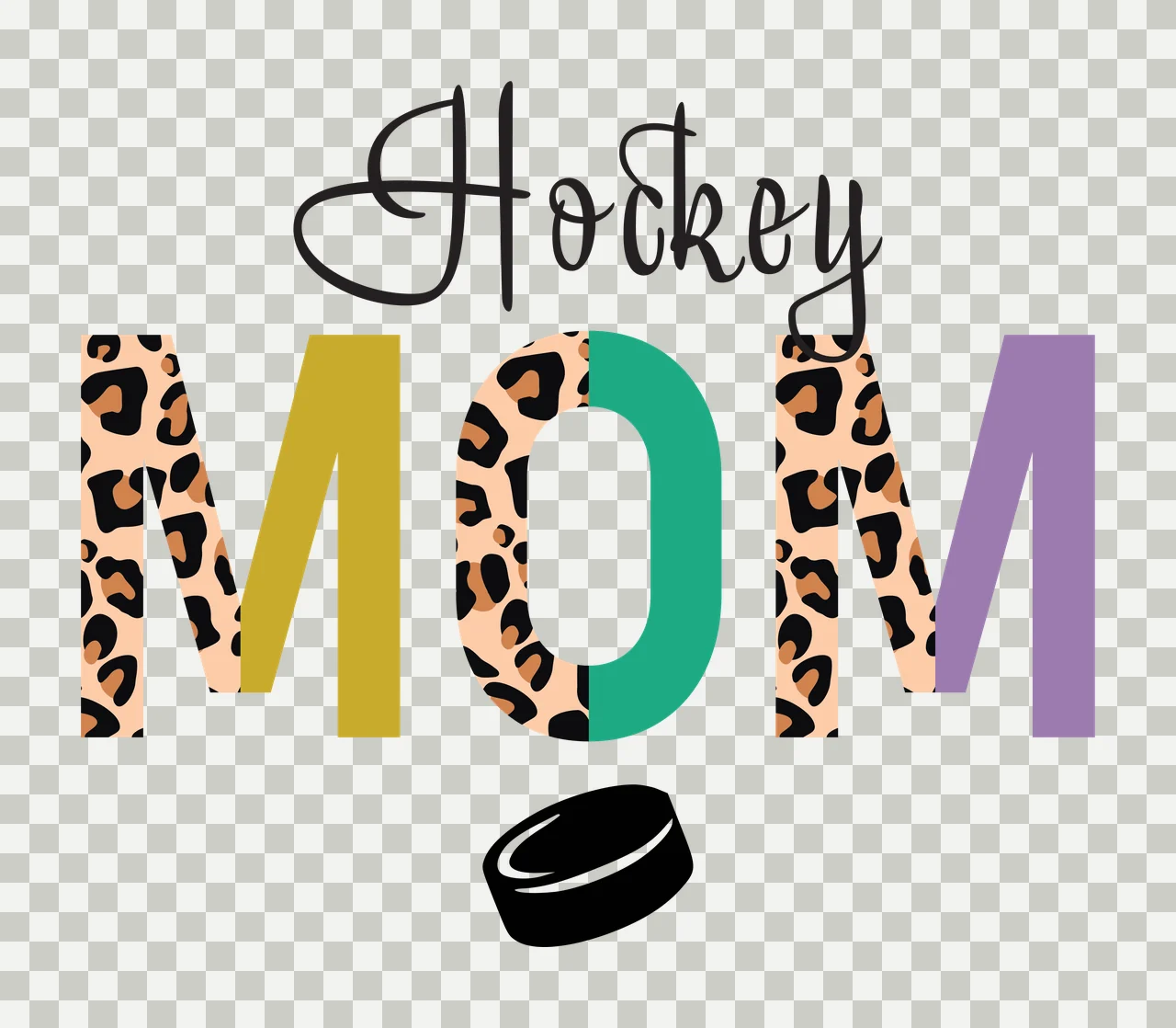 Hockey MOM Typography Design with Hockey text in cursive, MOM letters with leopard print and solid colors and black hockey puck in olive green transparency and detail preview thumbnail