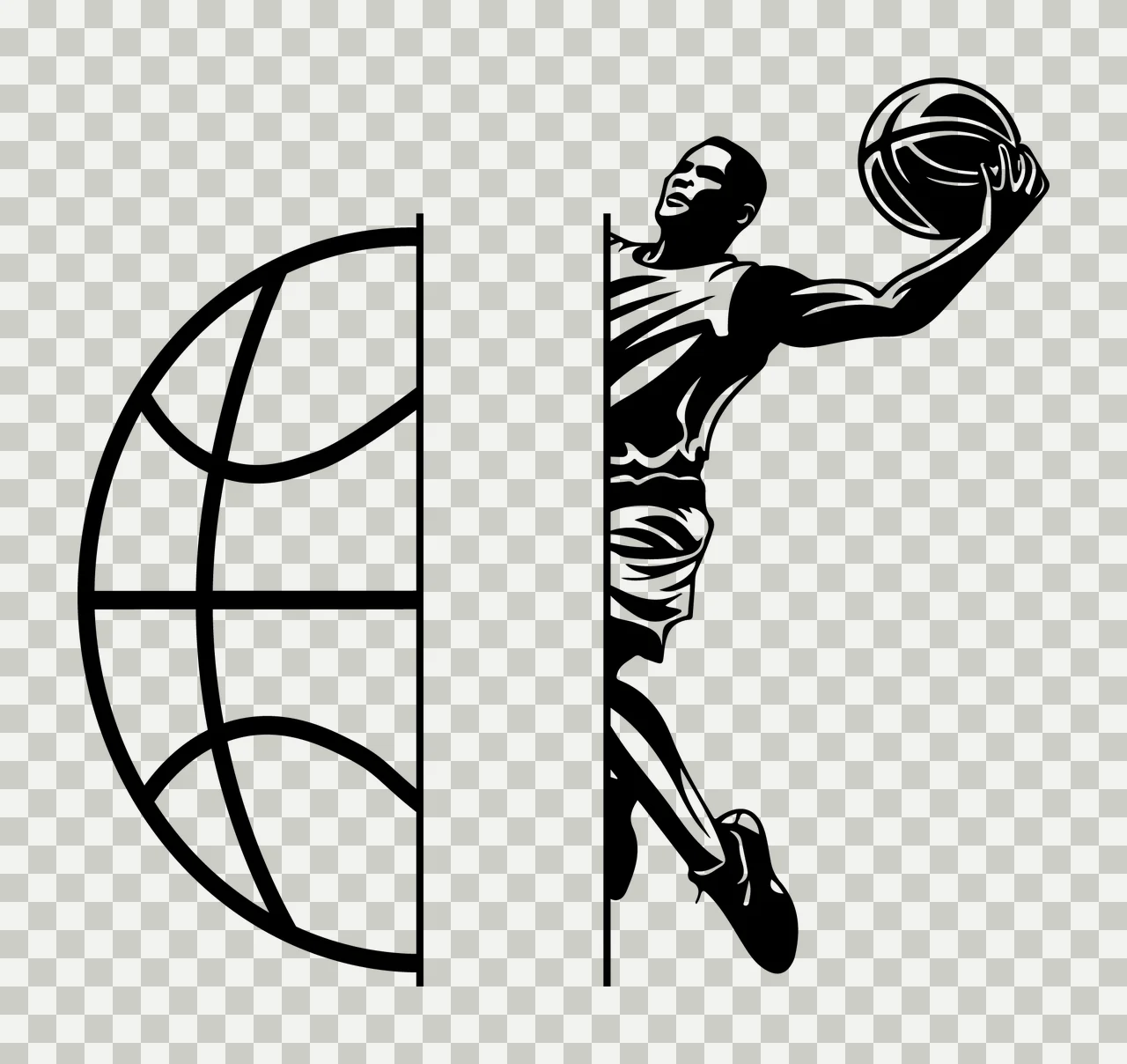 Ball Basketball Player Silhouette Reaching black white sports transparency and detail preview thumbnail