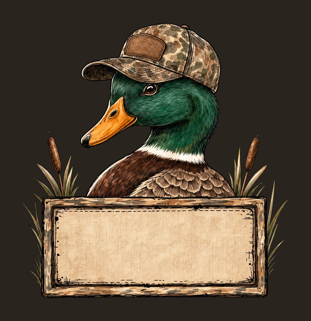 Mallard Duck wearing camo hat with name patch Variation E contrast preview thumbnail
