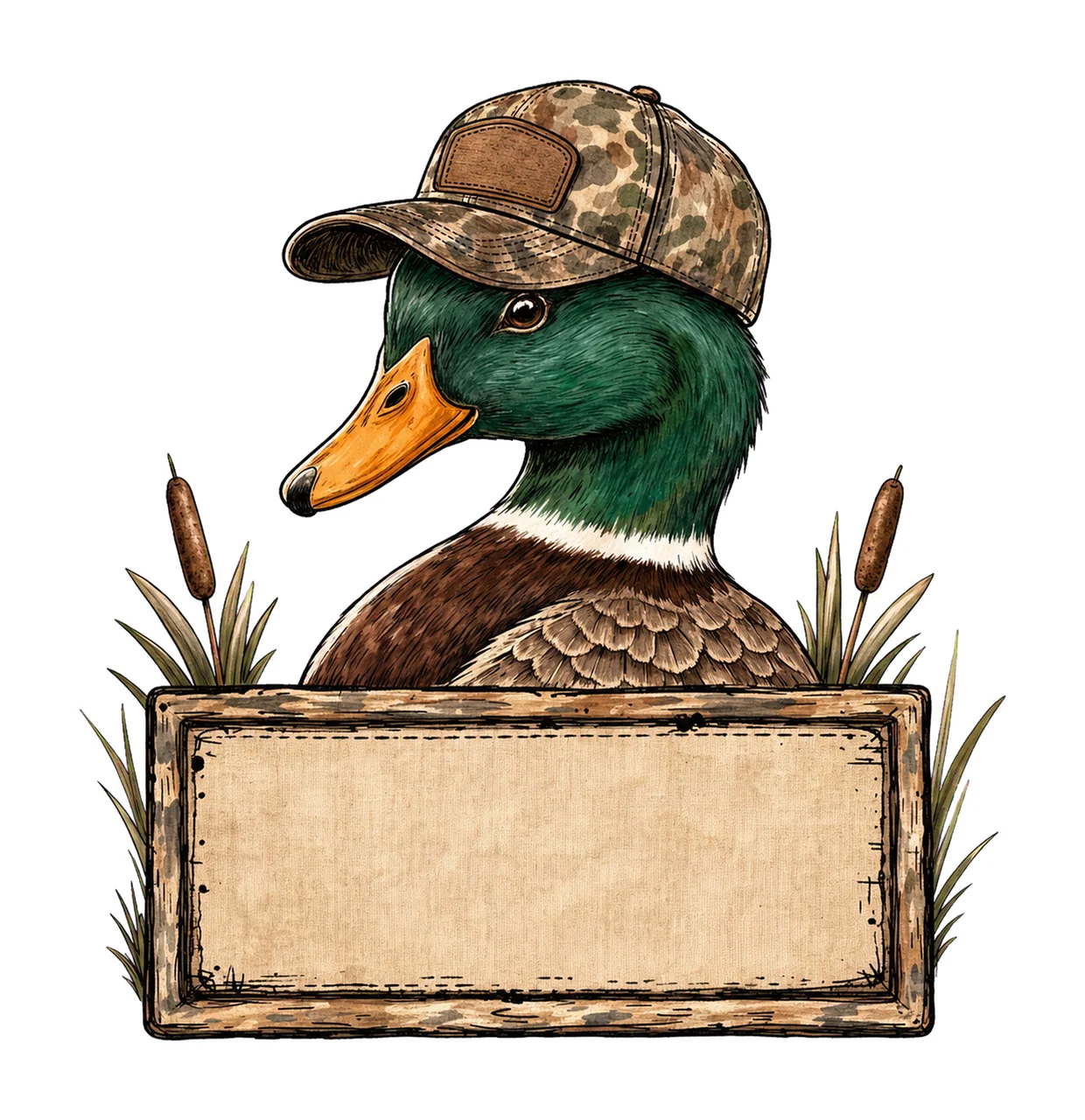 Mallard Duck wearing camo hat with name patch Variation E