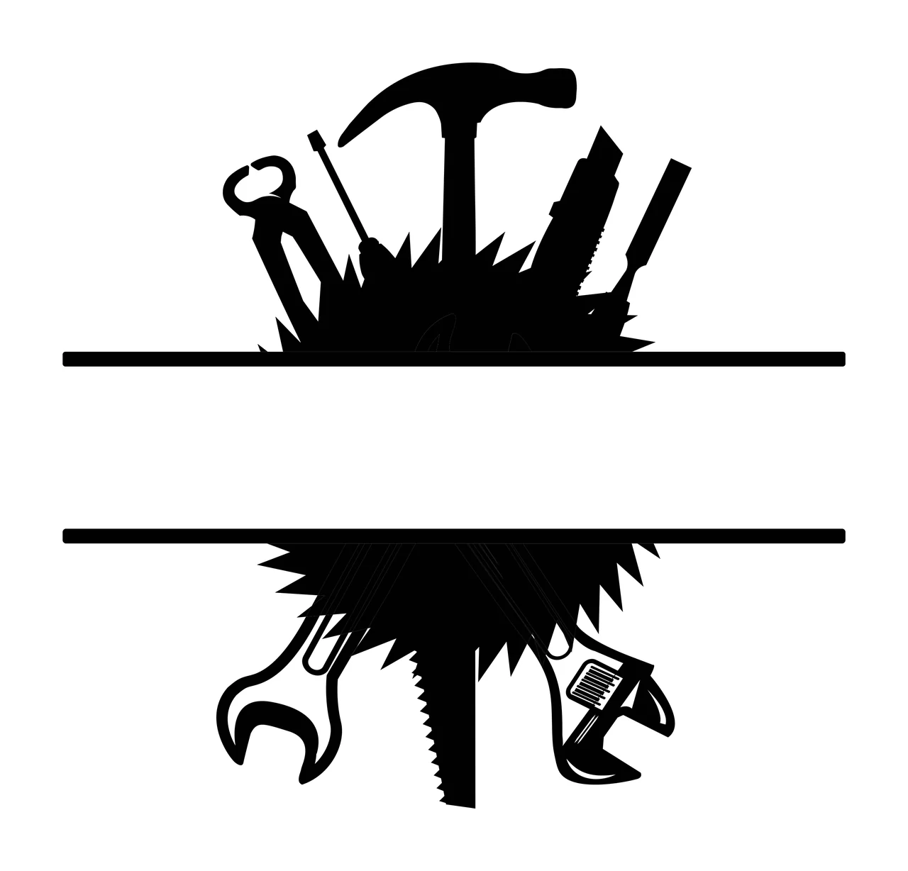 Silhouette Design of hand tools split monogram frame with hammer, wrench, pliers and screwdriver in black and white