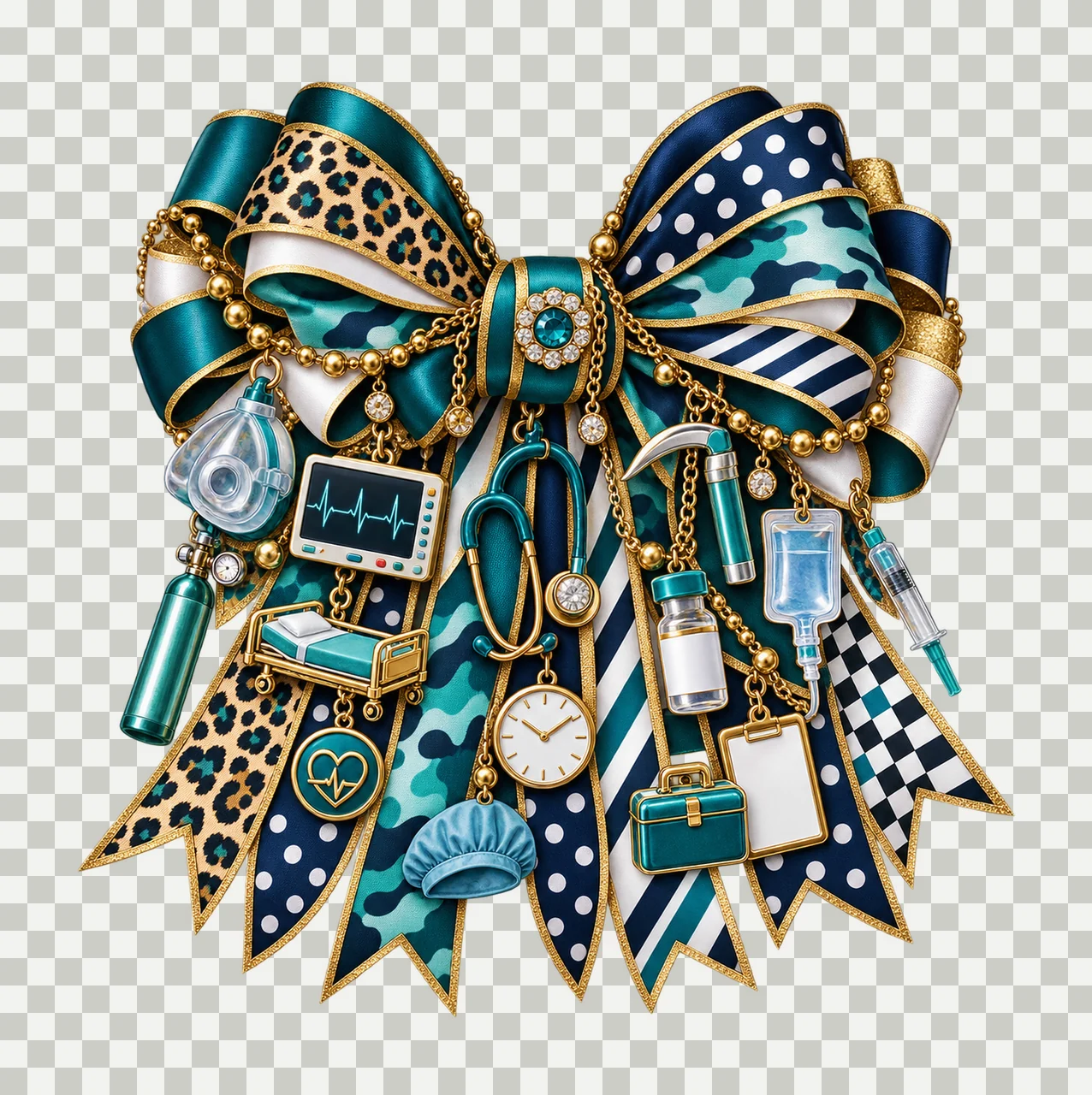 Certified Registered Nurse Anesthetist Bow Charm PNG, Themed Gold Chain Charms, Coquette Ribbon Sublimation Design, Transparent Digital Down transparency and detail preview thumbnail