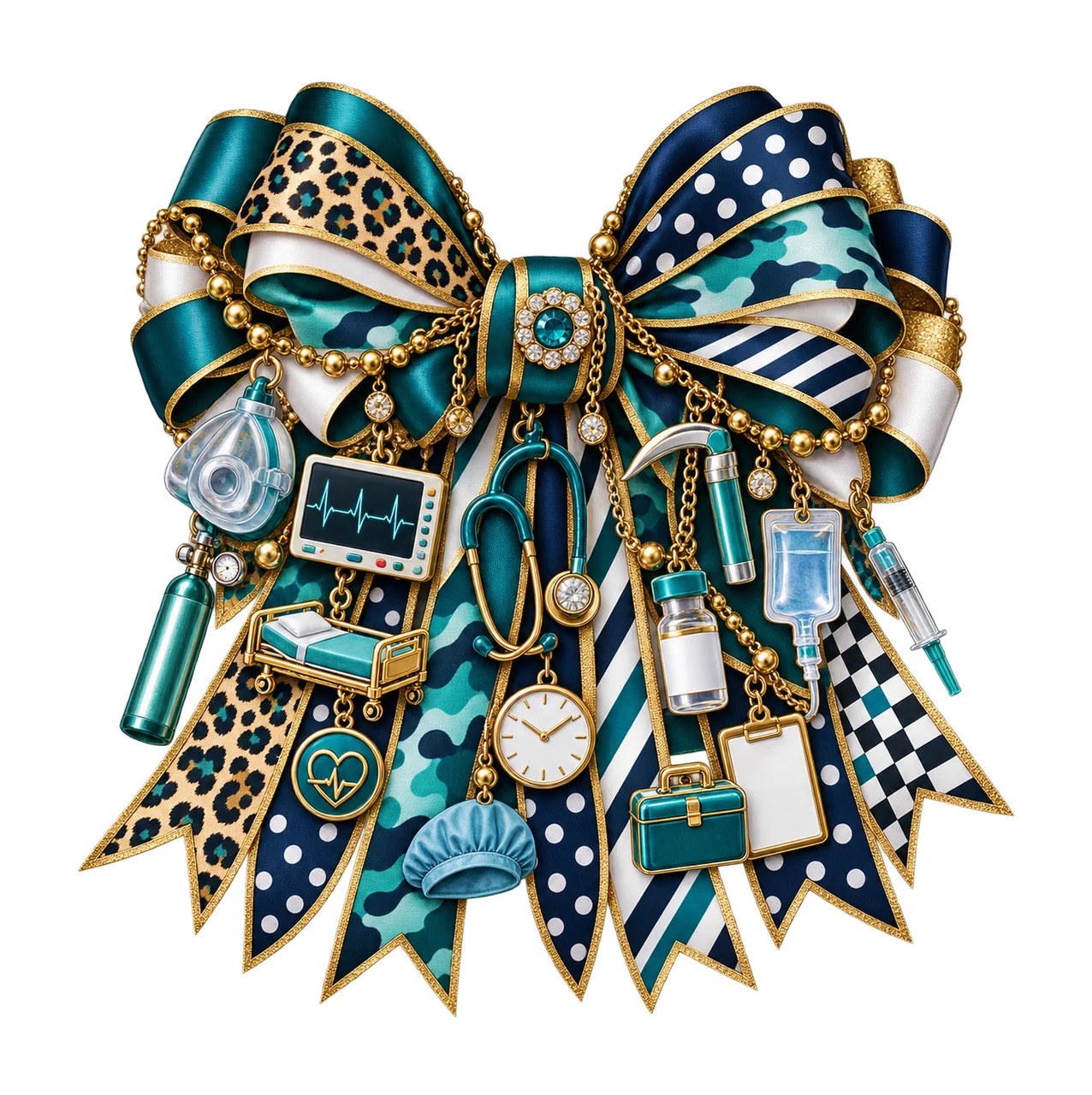 Certified Registered Nurse Anesthetist Bow Charm PNG, Themed Gold Chain Charms, Coquette Ribbon Sublimation Design, Transparent Digital Down