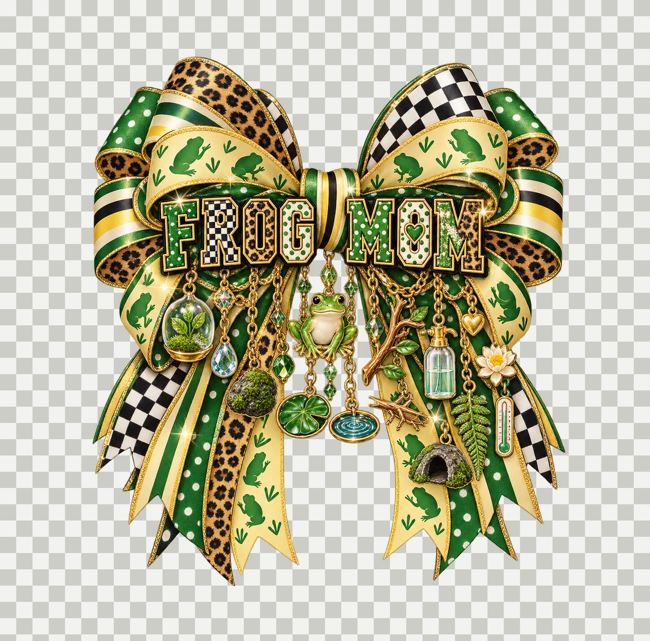 Frog Mom Bow Charm PNG, Patterned Varsity Mom Ribbon Clipart, Transparent Sublimation Digital Download transparency and detail preview thumbnail