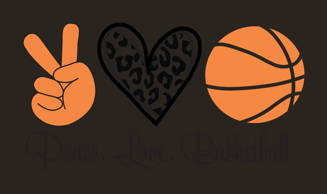 Peace. Love. Basketball Typography Design with orange peace sign hand gesture, black-outlined heart with leopard print pattern, orange basketball with white seams and cursive text 'Peace Love contrast preview thumbnail