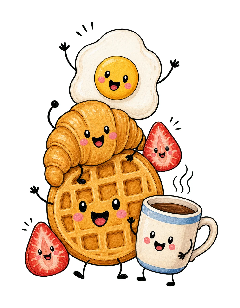 Happy Breakfast Food Doodle Cute Smiling Variation E