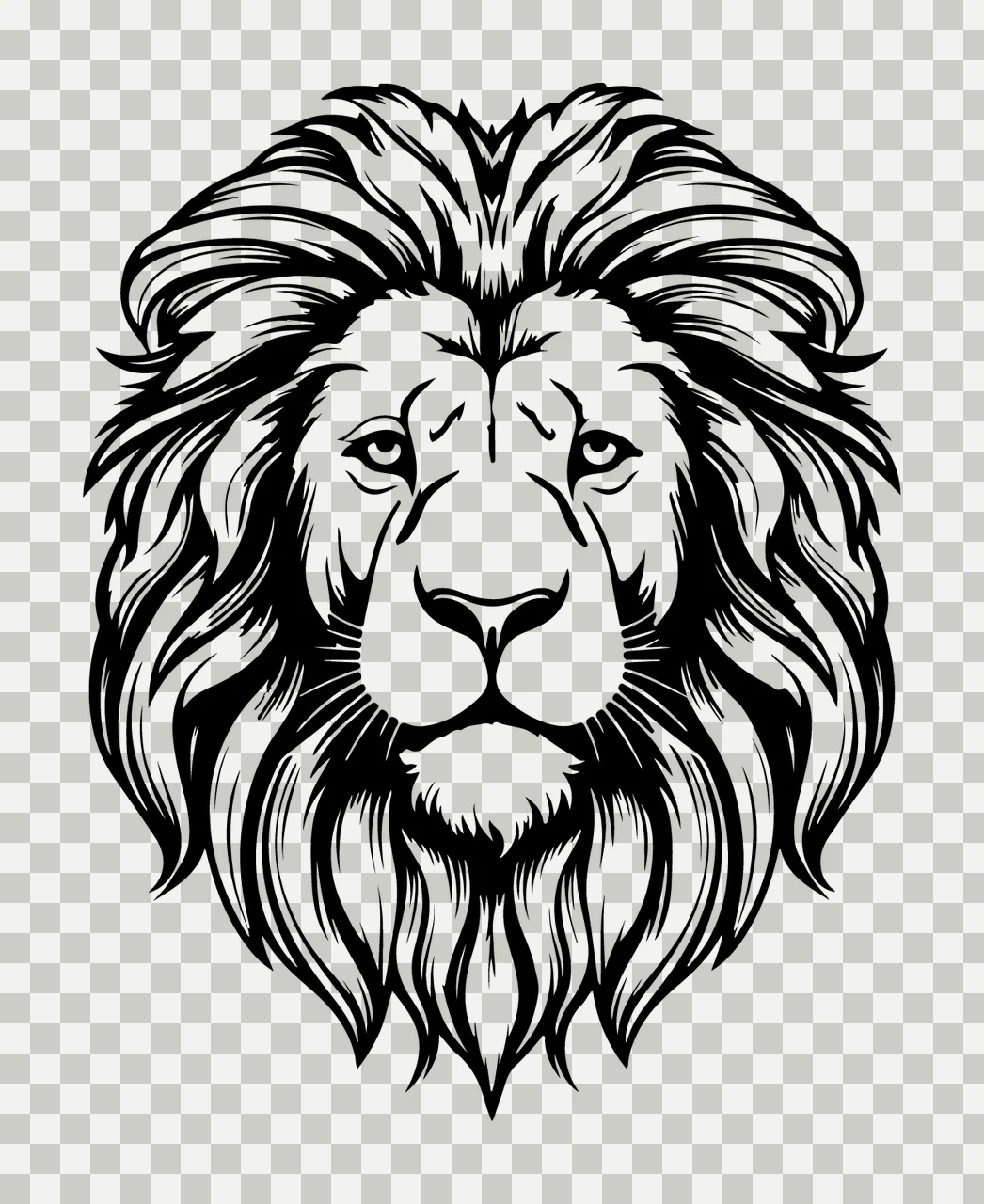 Lion Head With Dense Mane looking forward eyes ears nose engraved ink transparency and detail preview thumbnail