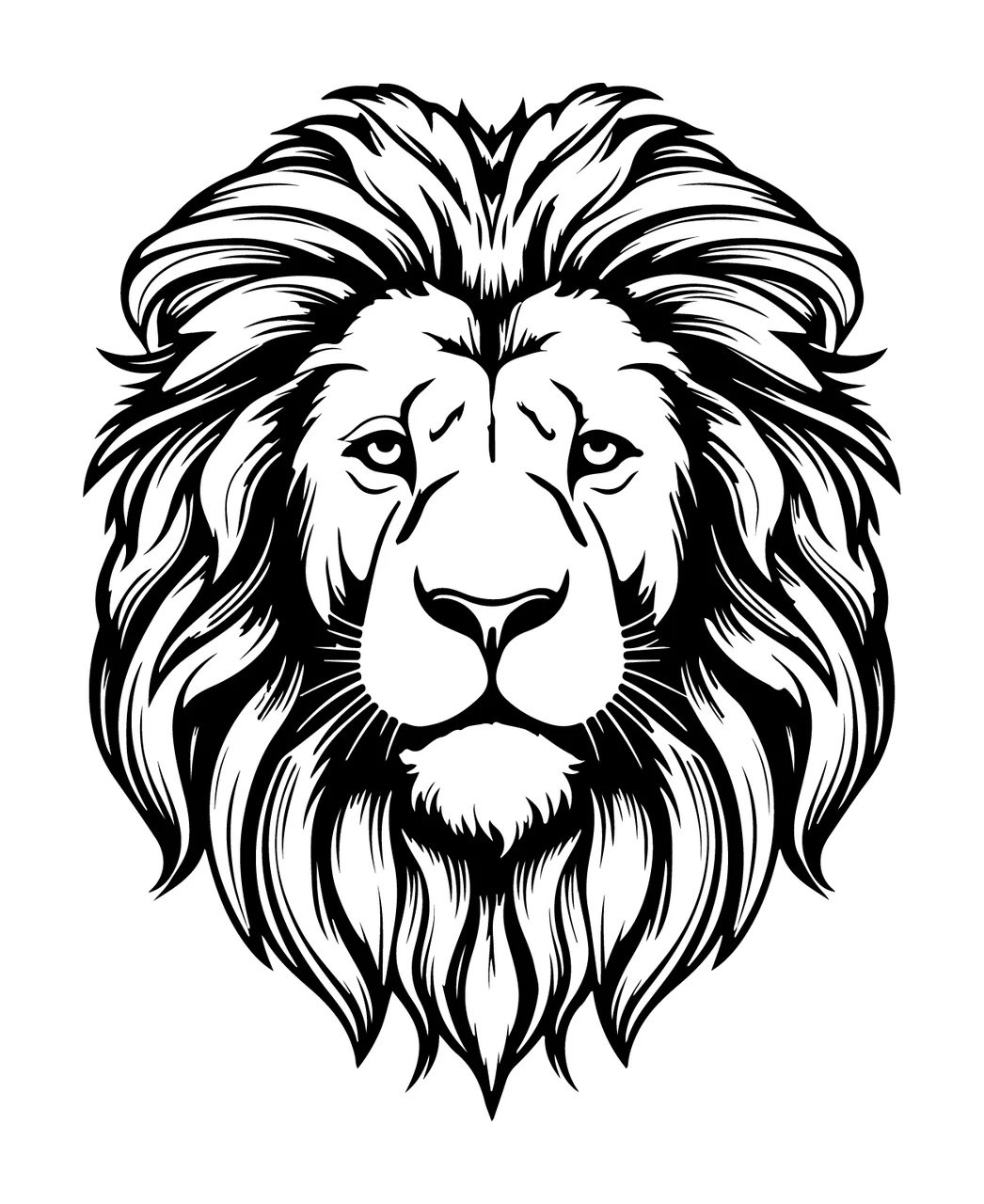 Lion Head With Dense Mane looking forward eyes ears nose engraved ink