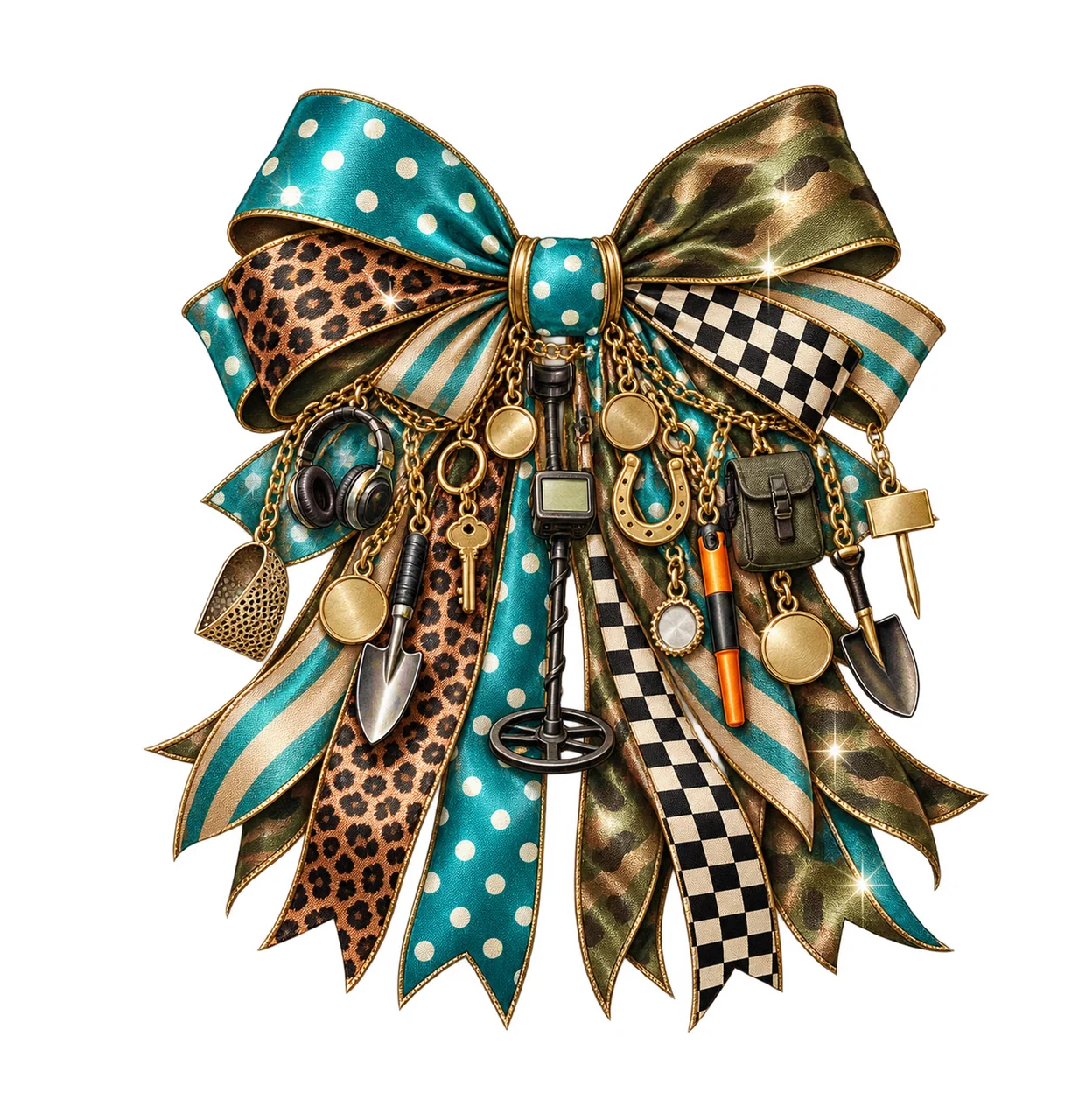 Metal Detecting Hobbyist Bow Charm PNG, Themed Gold Chain Charms, Coquette Ribbon Sublimation Design, Transparent Digital Download