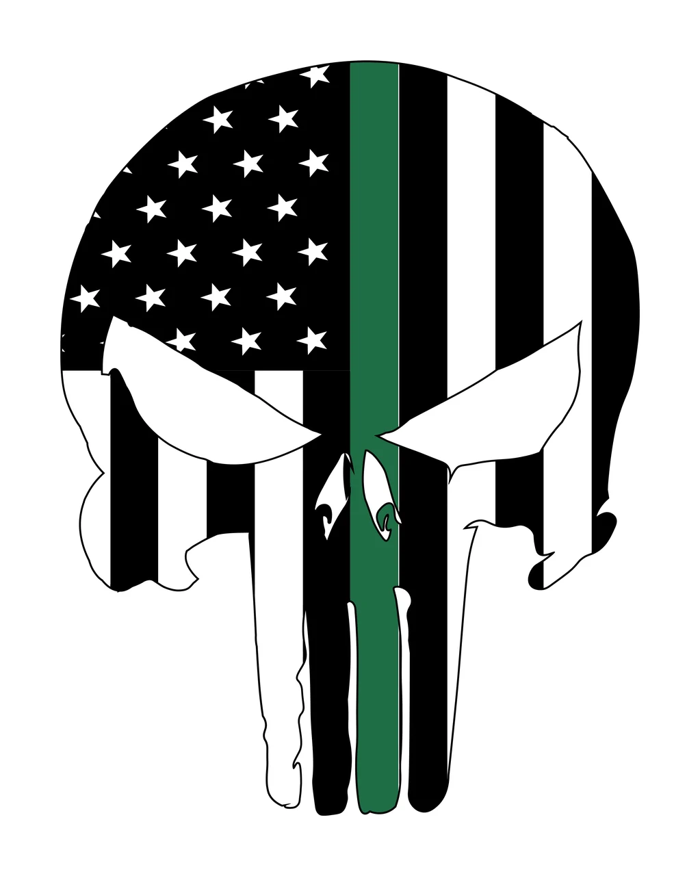 Skull silhouette Illustration with stars, stripes and green line in black and white
