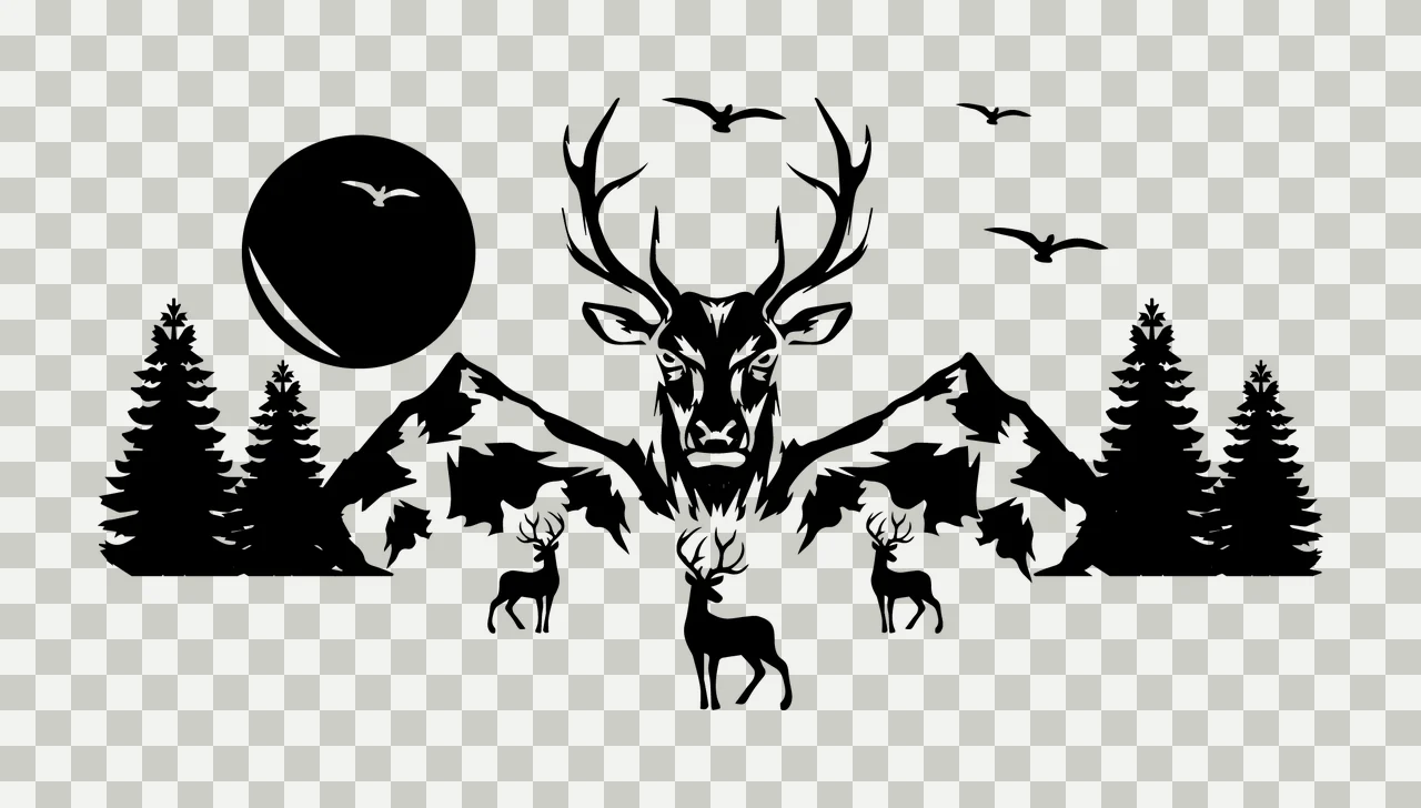Deer Black Silhouette Mountain Forest Scene standing mountains transparency and detail preview thumbnail