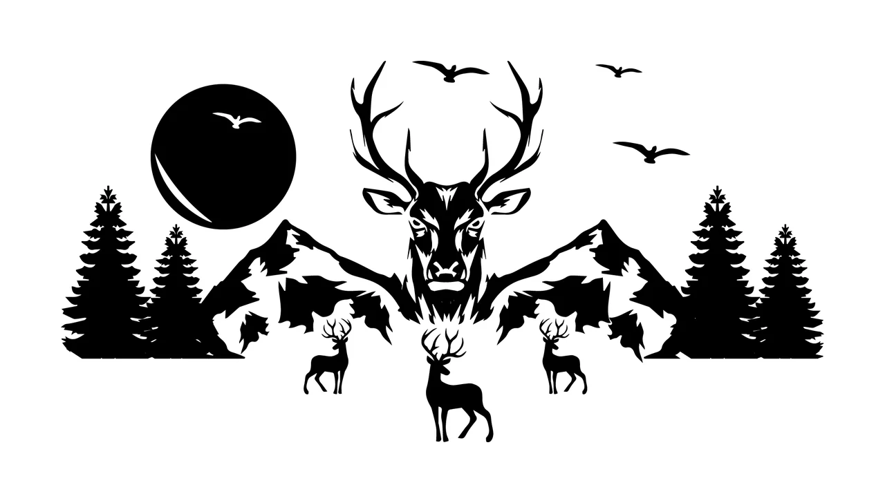 Deer Black Silhouette Mountain Forest Scene standing mountains