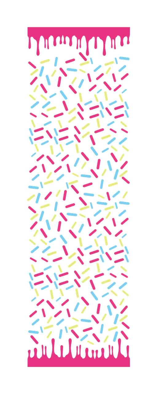 Dripping pink glaze and colorful sprinkles pattern Illustration with dripping frosting, jimmies, scattered candy and white backdrop in light blue and yellow-green
