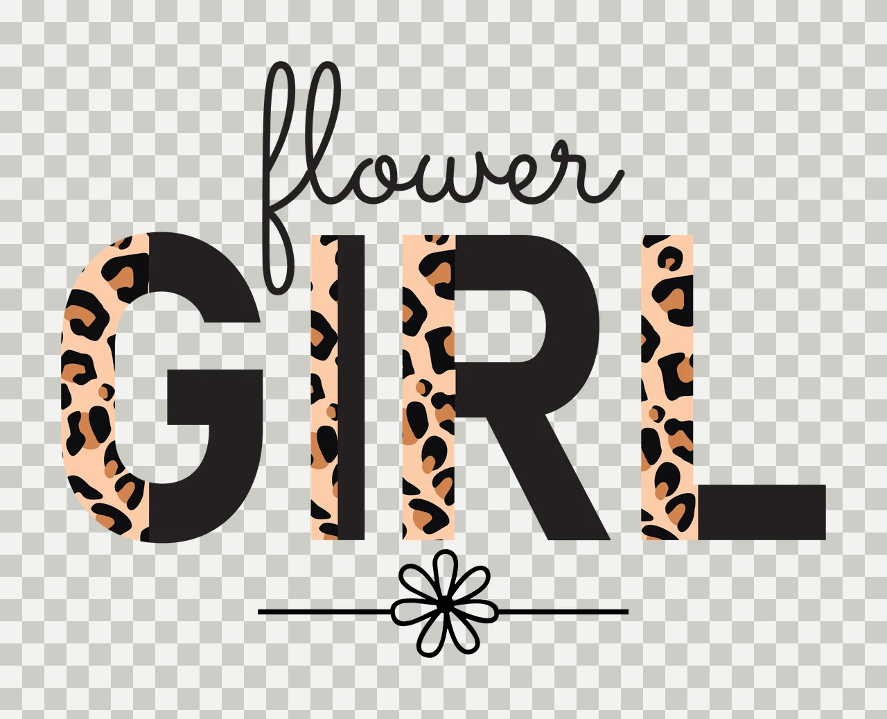 Flower GIRL Typography Design with black cursive 'flower', black bold 'GIRL' letters with leopard print fill on left side of G middle of I right side of R and right side of L and black line transparency and detail preview thumbnail