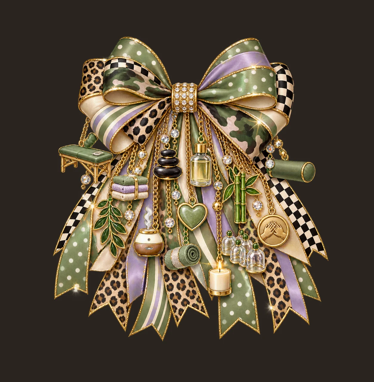 Massage Therapist Bow Charm PNG, Themed Gold Chain Charms, Coquette Ribbon Sublimation Design, Transparent Digital Download contrast preview thumbnail