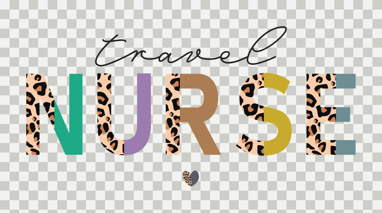 Travel NURSE Typography Design with leopard print pattern, colored letter blocks, cursive 'travel' and small leopard heart in beige, black and teal transparency and detail preview thumbnail