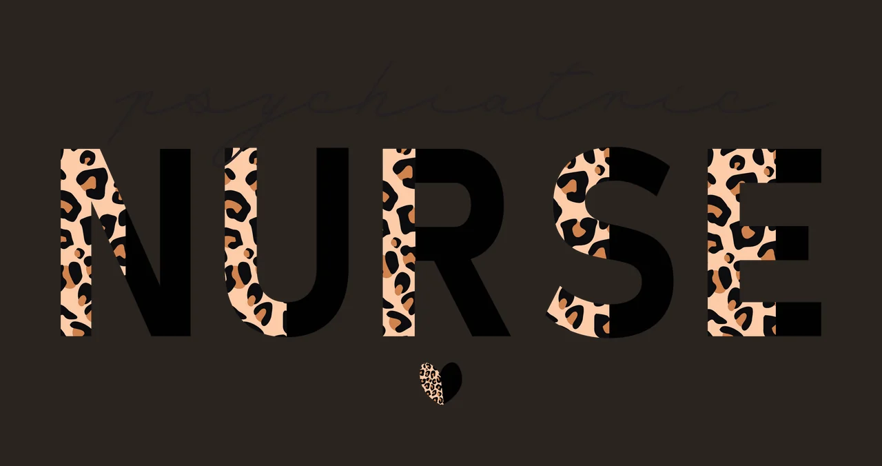 Psychiatric NURSE Typography Design with script text, block letters, leopard print pattern and heart icon in black, tan and brown contrast preview thumbnail
