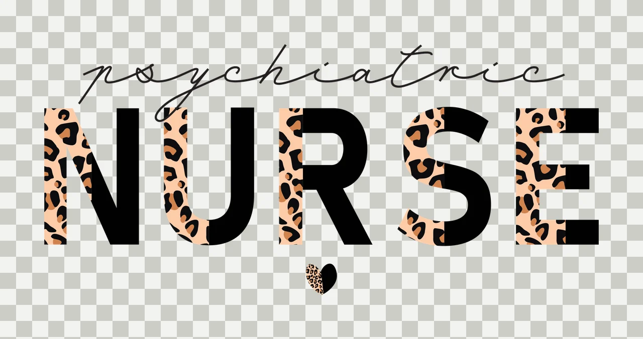 Psychiatric NURSE Typography Design with script text, block letters, leopard print pattern and heart icon in black, tan and brown transparency and detail preview thumbnail