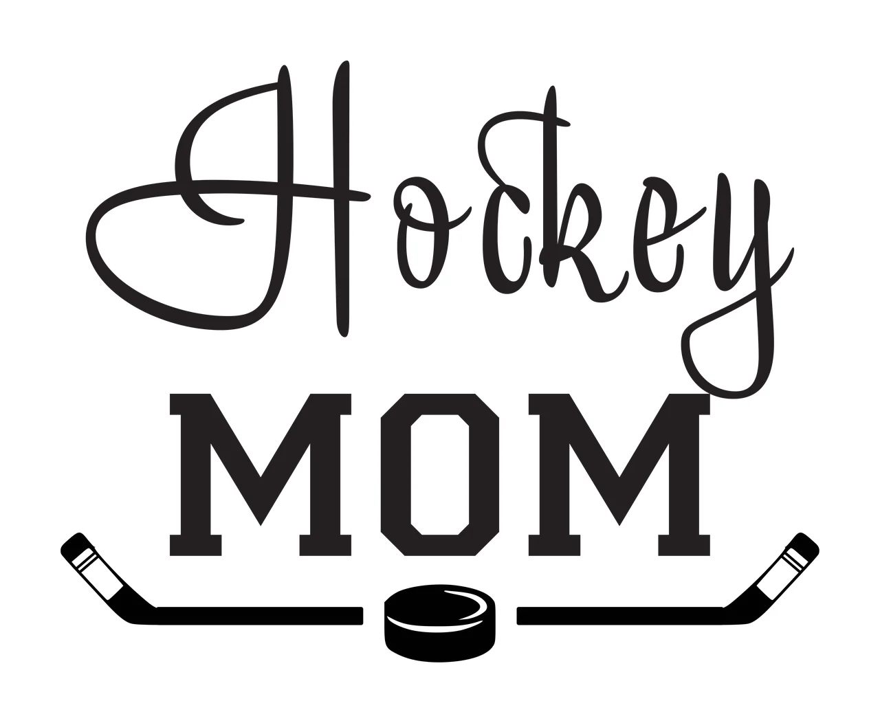 Hockey MOM Typography Design with hockey stick and hockey puck in black and white