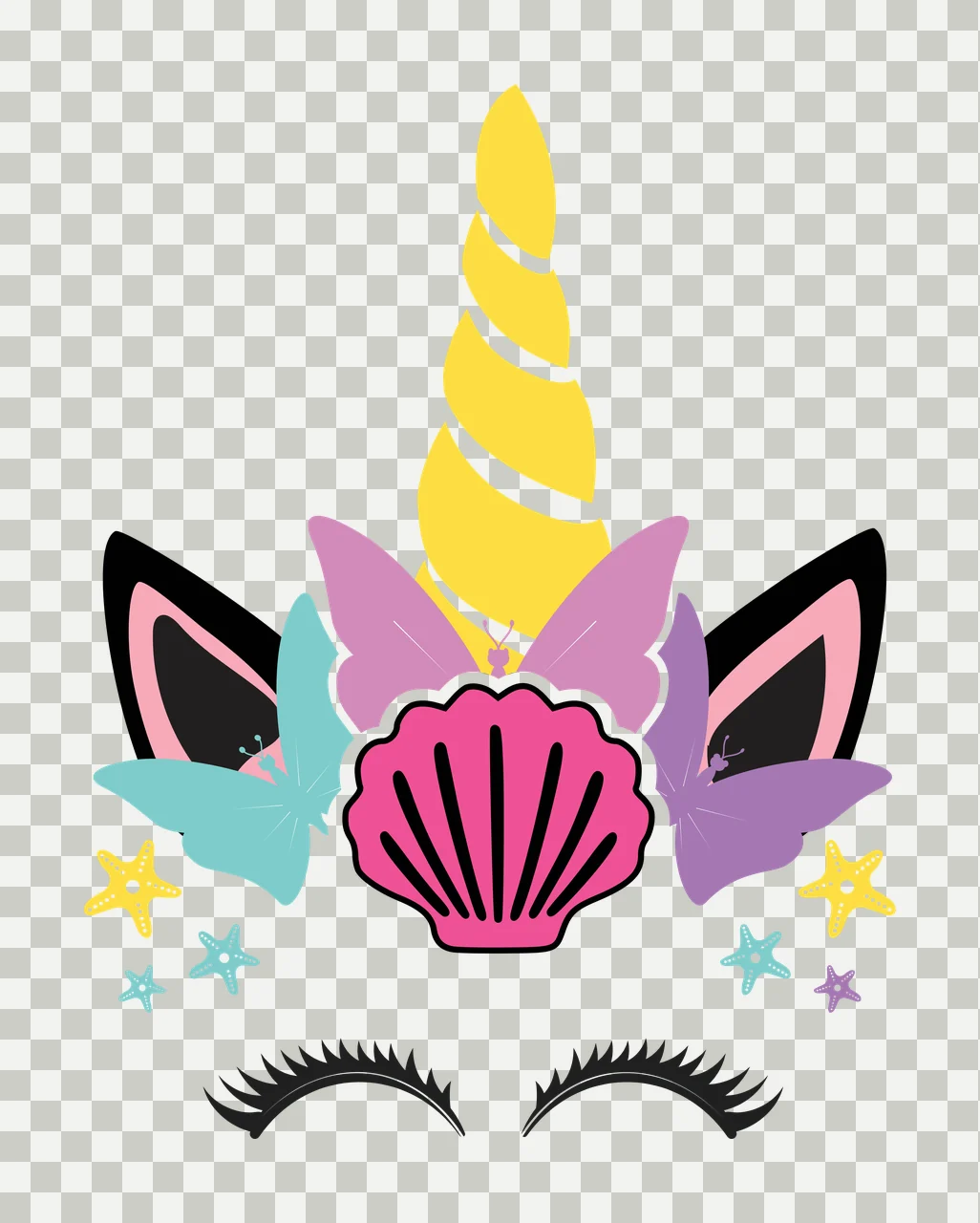 Unicorn head design with sea elements with yellow spiral unicorn horn, black ears with pink inner lining, pink seashell with black lines and teal butterfly transparency and detail preview thumbnail