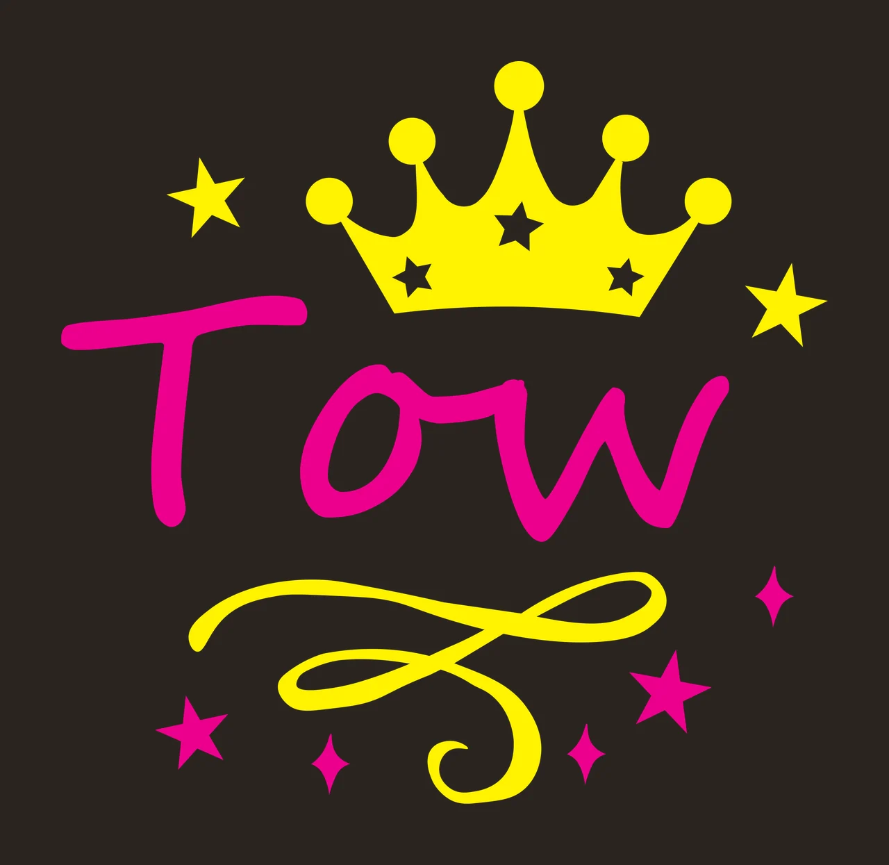 Tow Typography Design with yellow crown, pink cursive text, yellow stars and yellow swirl flourish in magenta pink and white contrast preview thumbnail