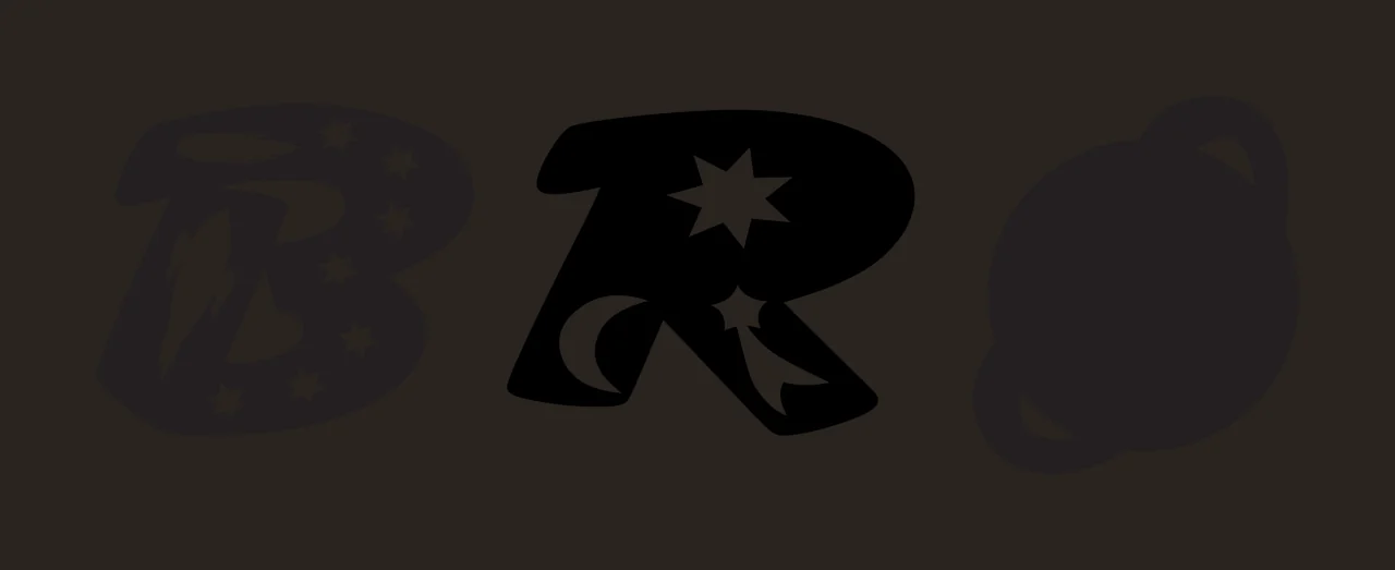 BRO space theme typography spelling BRO with letter B, ringed planet, stars and crescent moon in black and white contrast preview thumbnail
