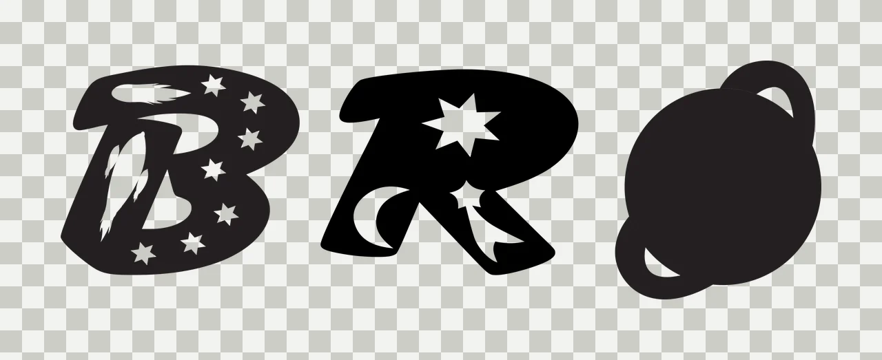 BRO space theme typography spelling BRO with letter B, ringed planet, stars and crescent moon in black and white transparency and detail preview thumbnail