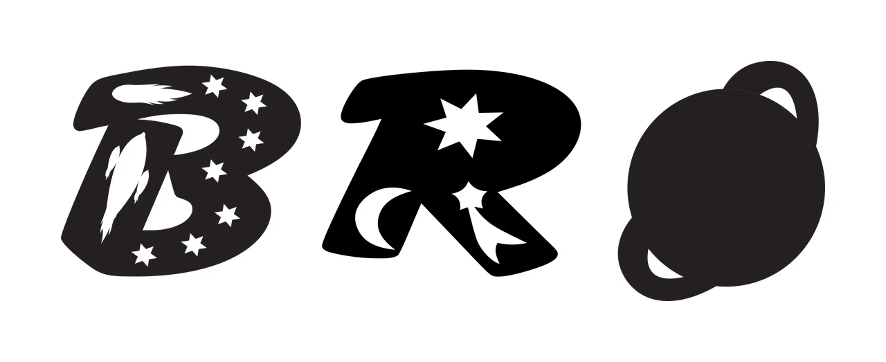 BRO space theme typography spelling BRO with letter B, ringed planet, stars and crescent moon in black and white