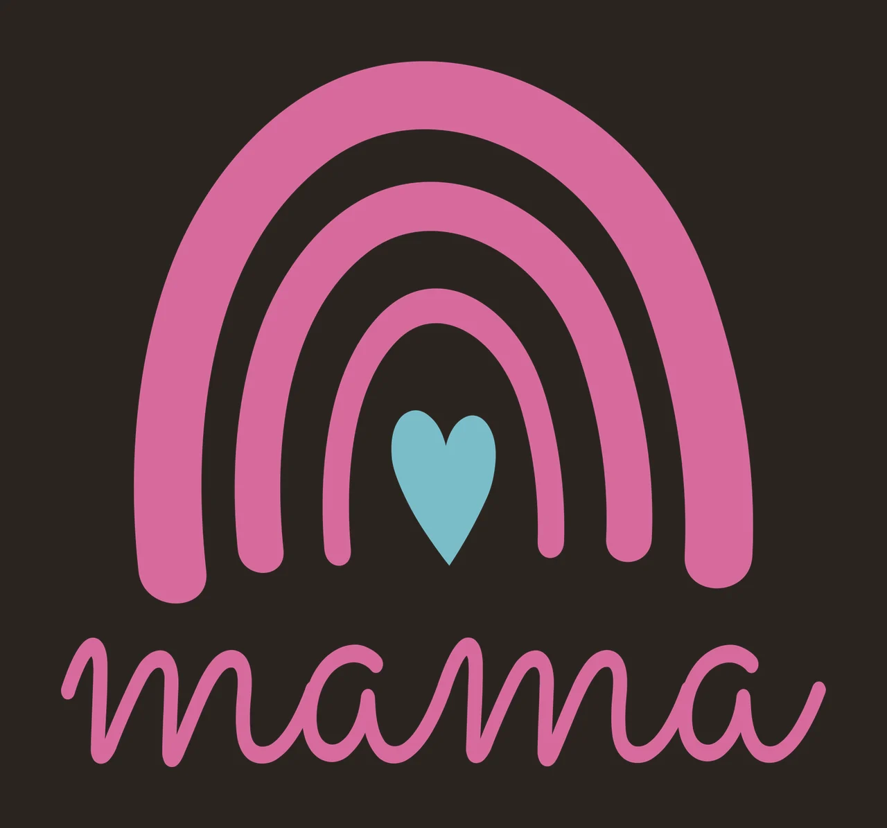 Mama boho rainbow Design with pink rainbow arches, teal blue heart, cursive text and mama lettering in white contrast preview thumbnail