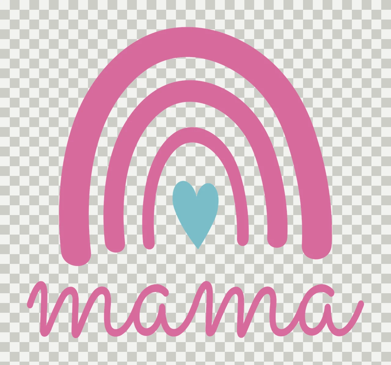 Mama boho rainbow Design with pink rainbow arches, teal blue heart, cursive text and mama lettering in white transparency and detail preview thumbnail